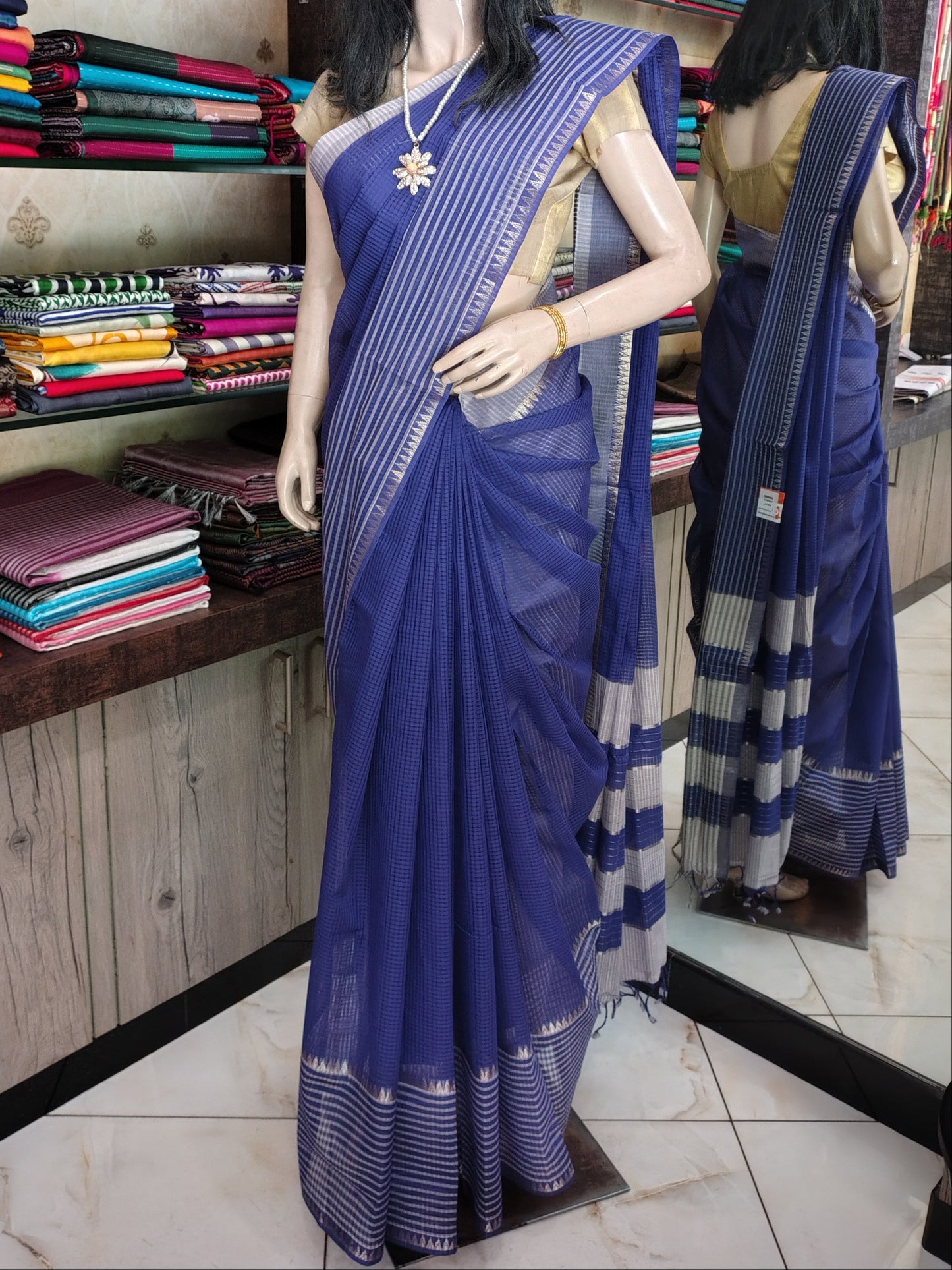 JL26A034 Royal Blue Pure Handloom Mangalgiri Cotton Saree