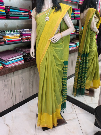 JL26A035 Yellow and Green Pure Handloom Mangalgiri Cotton Saree
