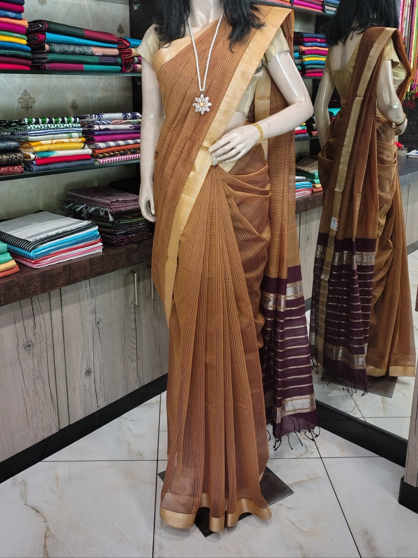 JL26A037 Brown Pure Handloom Mangalgiri Cotton Saree