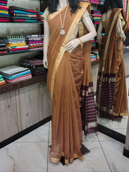 JL26A037 Brown Pure Handloom Mangalgiri Cotton Saree