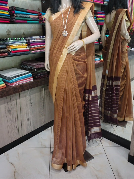 JL26A037 Brown Pure Handloom Mangalgiri Cotton Saree