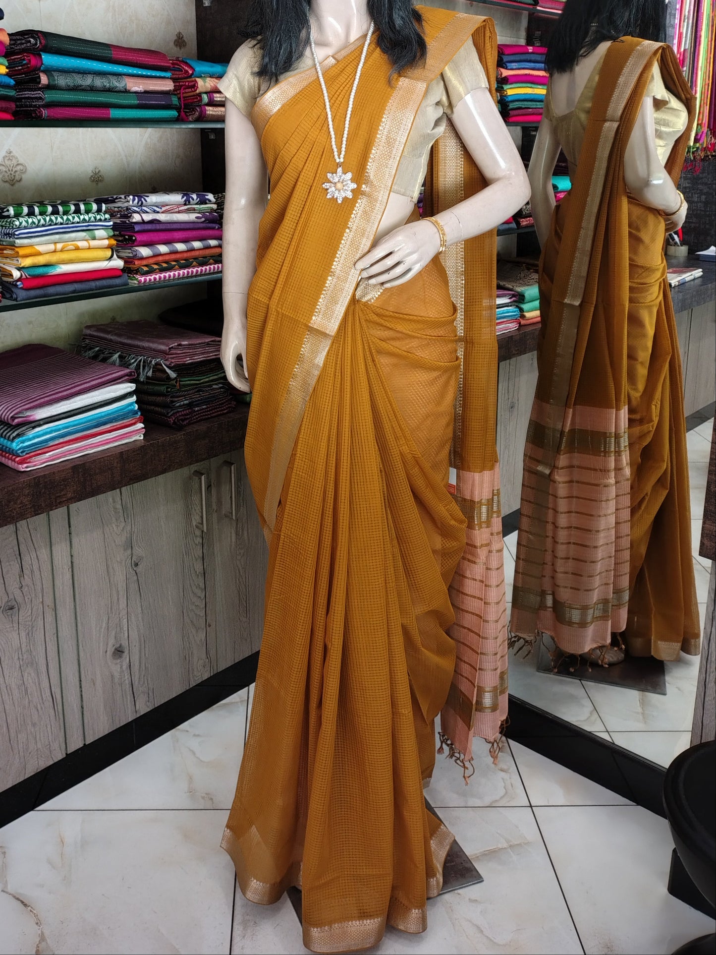 JL26A038 Mustard Yellow Pure Handloom Mangalgiri Cotton Saree