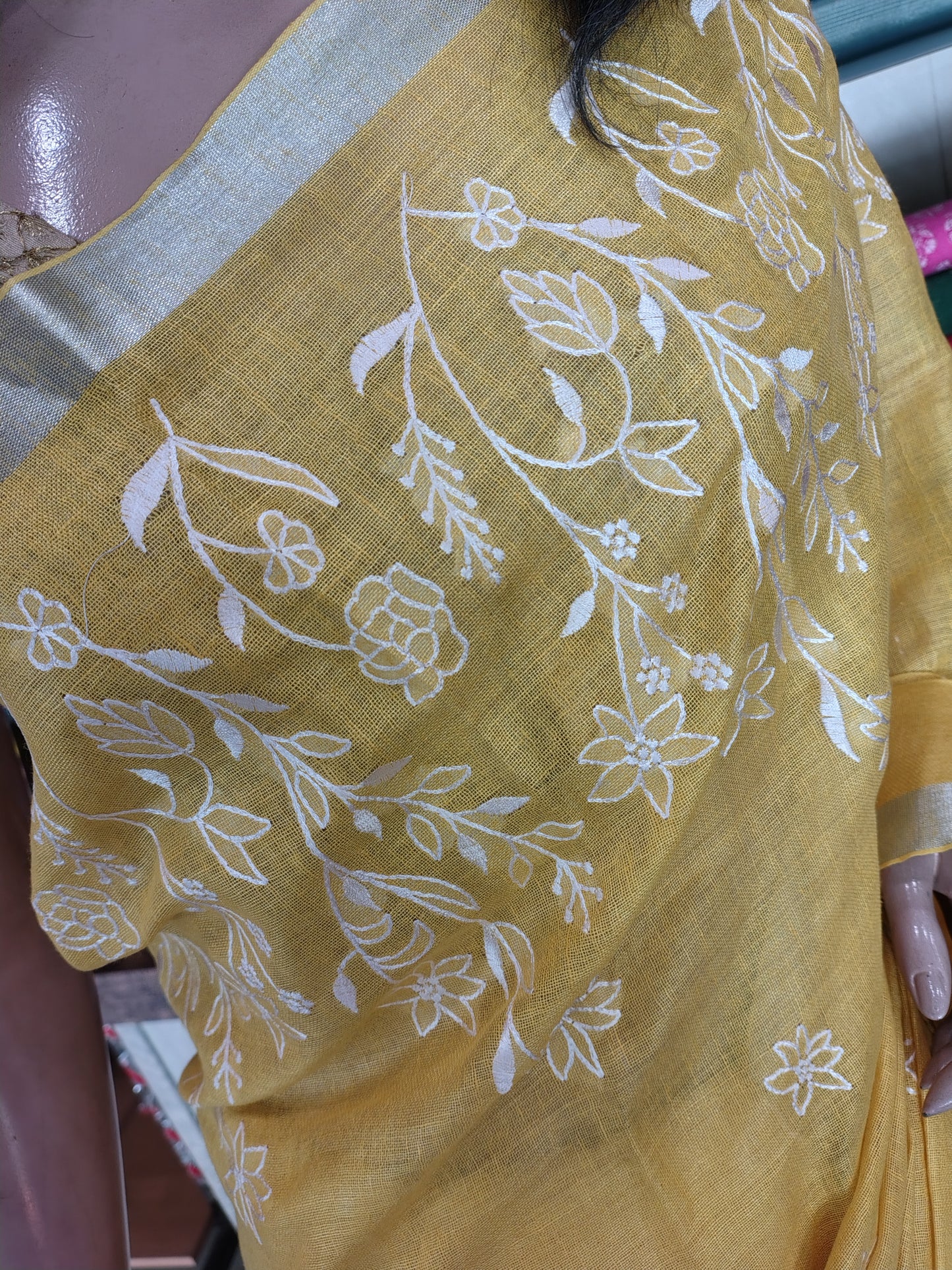 JL26A052 Yellow Pure Handloom Linen Embroidered Saree