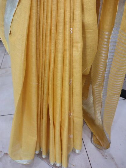 JL26A052 Yellow Pure Handloom Linen Embroidered Saree