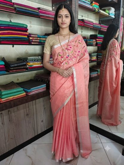 JL26A053 Peach Pink Pure Handloom Linen Embroidered Saree