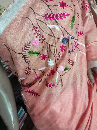 JL26A053 Peach Pink Pure Handloom Linen Embroidered Saree