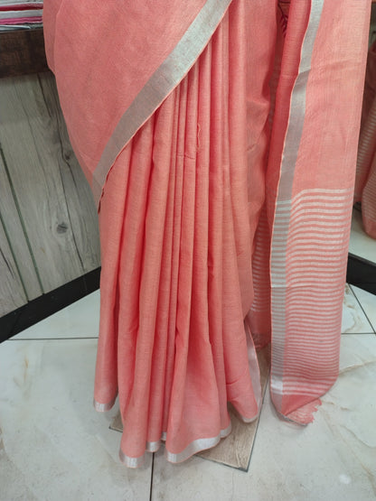 JL26A053 Peach Pink Pure Handloom Linen Embroidered Saree