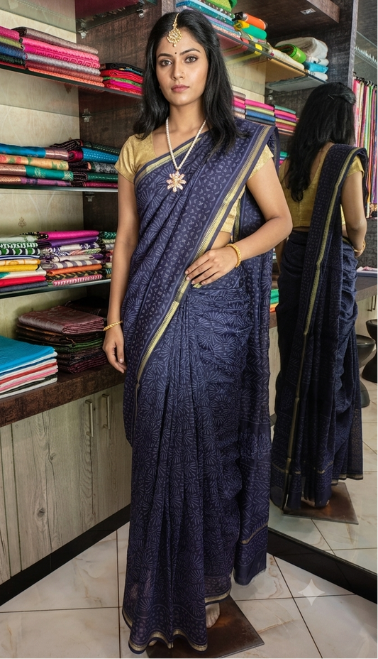 JL26A067 Blue Pure Hand Block Printed Chanderi Silk Saree