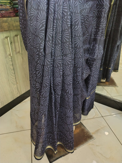 JL26A067 Blue Pure Hand Block Printed Chanderi Silk Saree