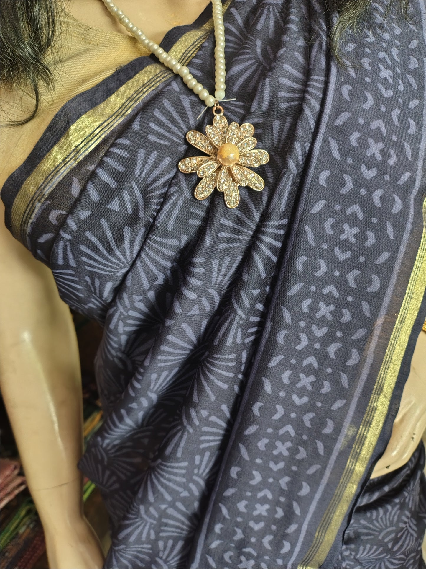 JL26A067 Blue Pure Hand Block Printed Chanderi Silk Saree