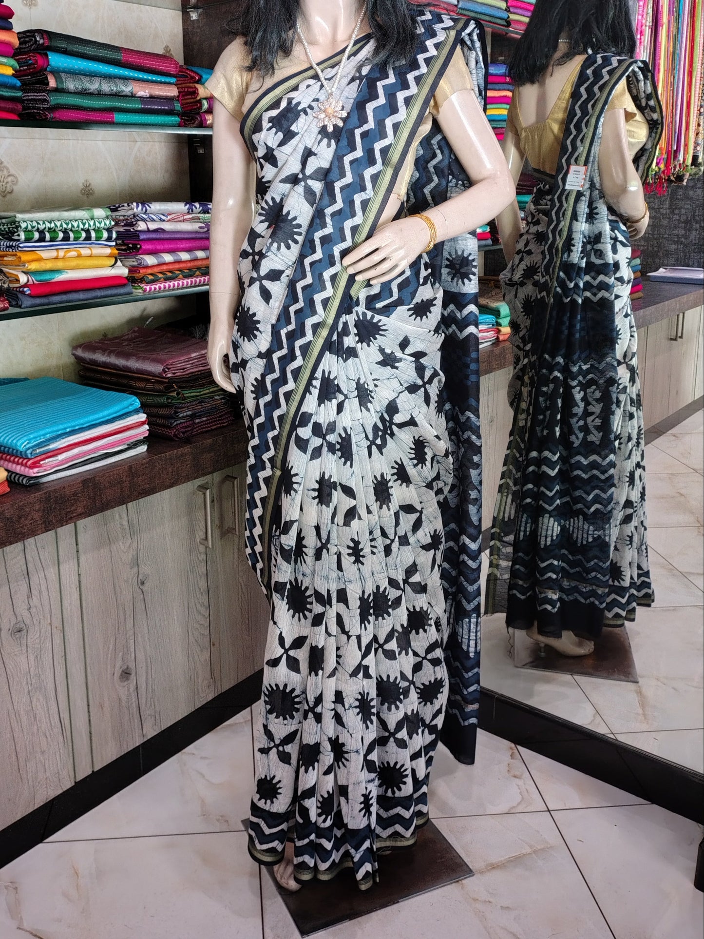 JL26A070 Blue and White Pure Hand Block Printed Chanderi Silk Saree