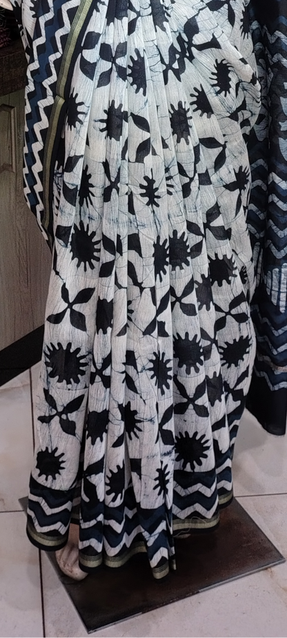 JL26A070 Blue and White Pure Hand Block Printed Chanderi Silk Saree