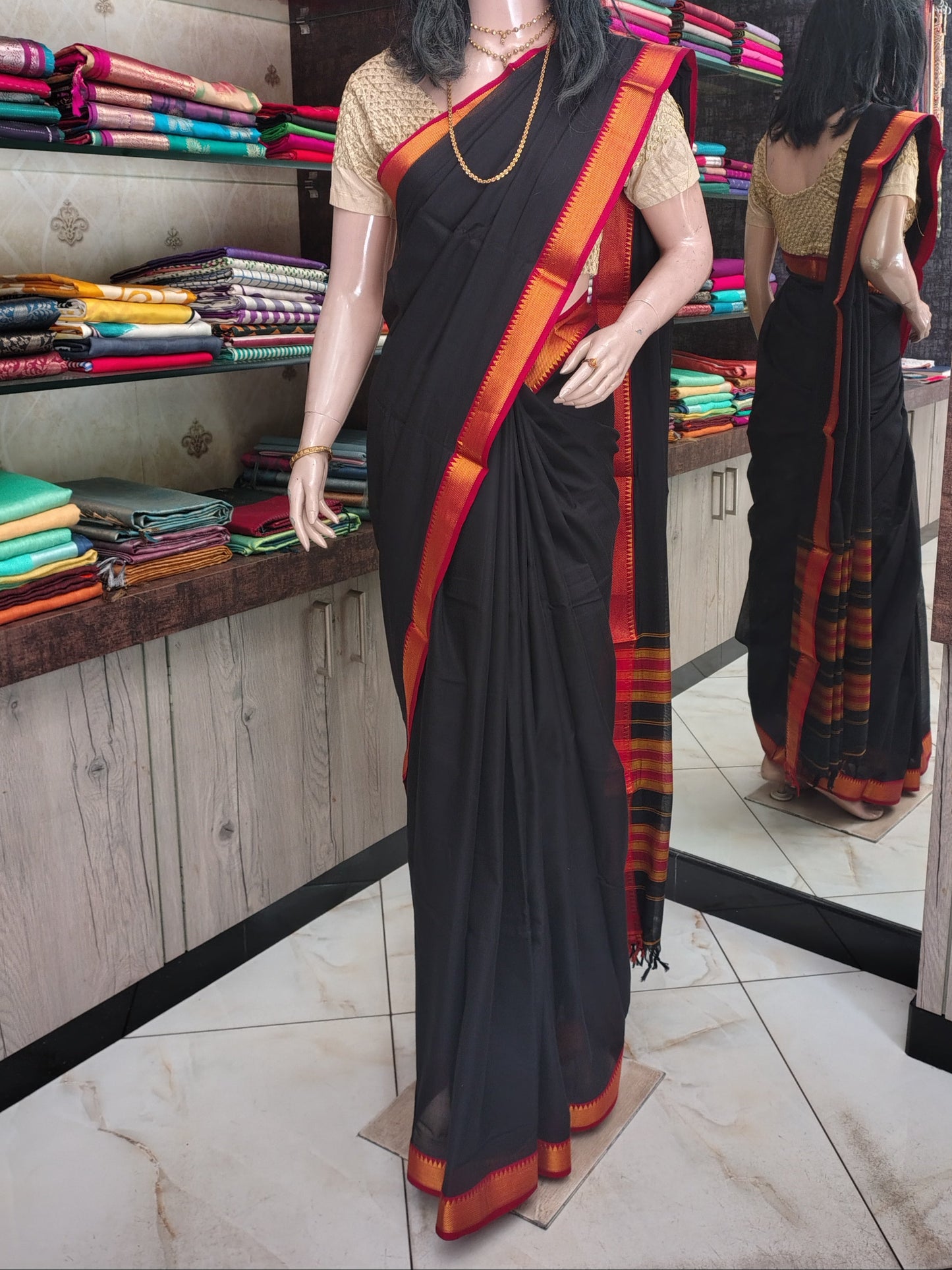 JN26A003 Black Pure Handloom Narayanpet Cotton Saree