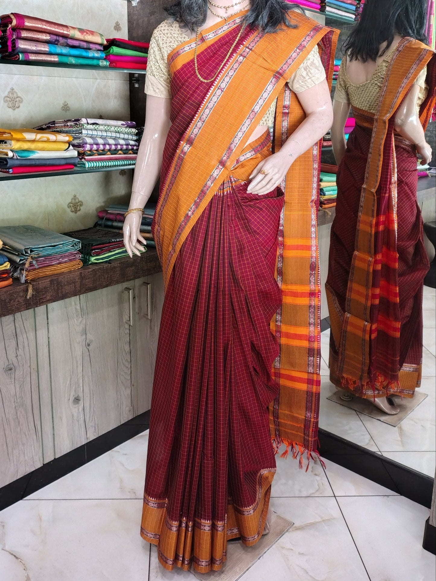 JN26A030 Maroon Pure Handloom Narayanpet Cotton Saree