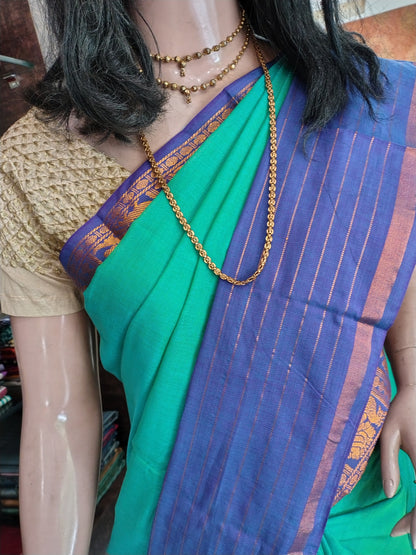 JN26A033 Green and Purple Pure Handloom Narayanpet Cotton Saree