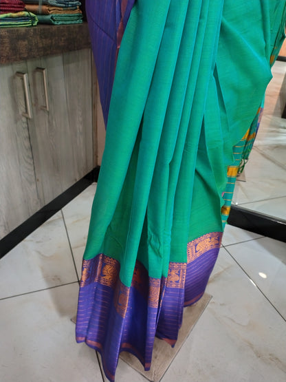JN26A033 Green and Purple Pure Handloom Narayanpet Cotton Saree