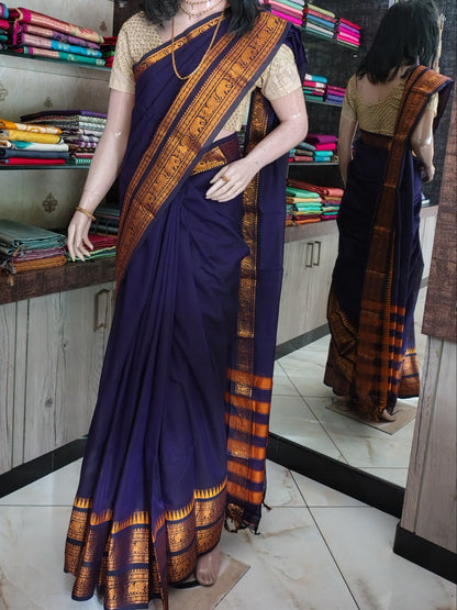 JN26A034 Dark Blue Pure Handloom Narayanpet Cotton Saree
