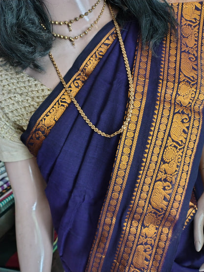 JN26A034 Dark Blue Pure Handloom Narayanpet Cotton Saree