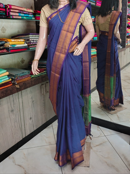 JN26A036 Blue and Green Pure Handloom Narayanpet Cotton Saree