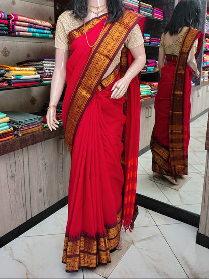 JN26A039 Red Pure Handloom Narayanpet Cotton Saree