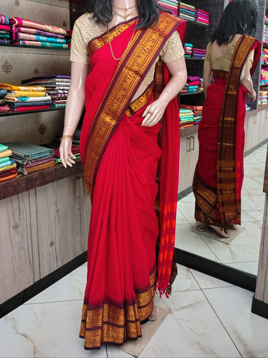 JN26A039 Red Pure Handloom Narayanpet Cotton Saree