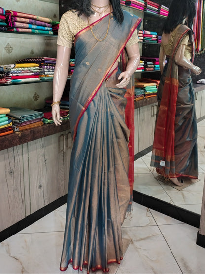 JN26A097 Gray and Red Pure Handloom Maheshwari Silk Saree