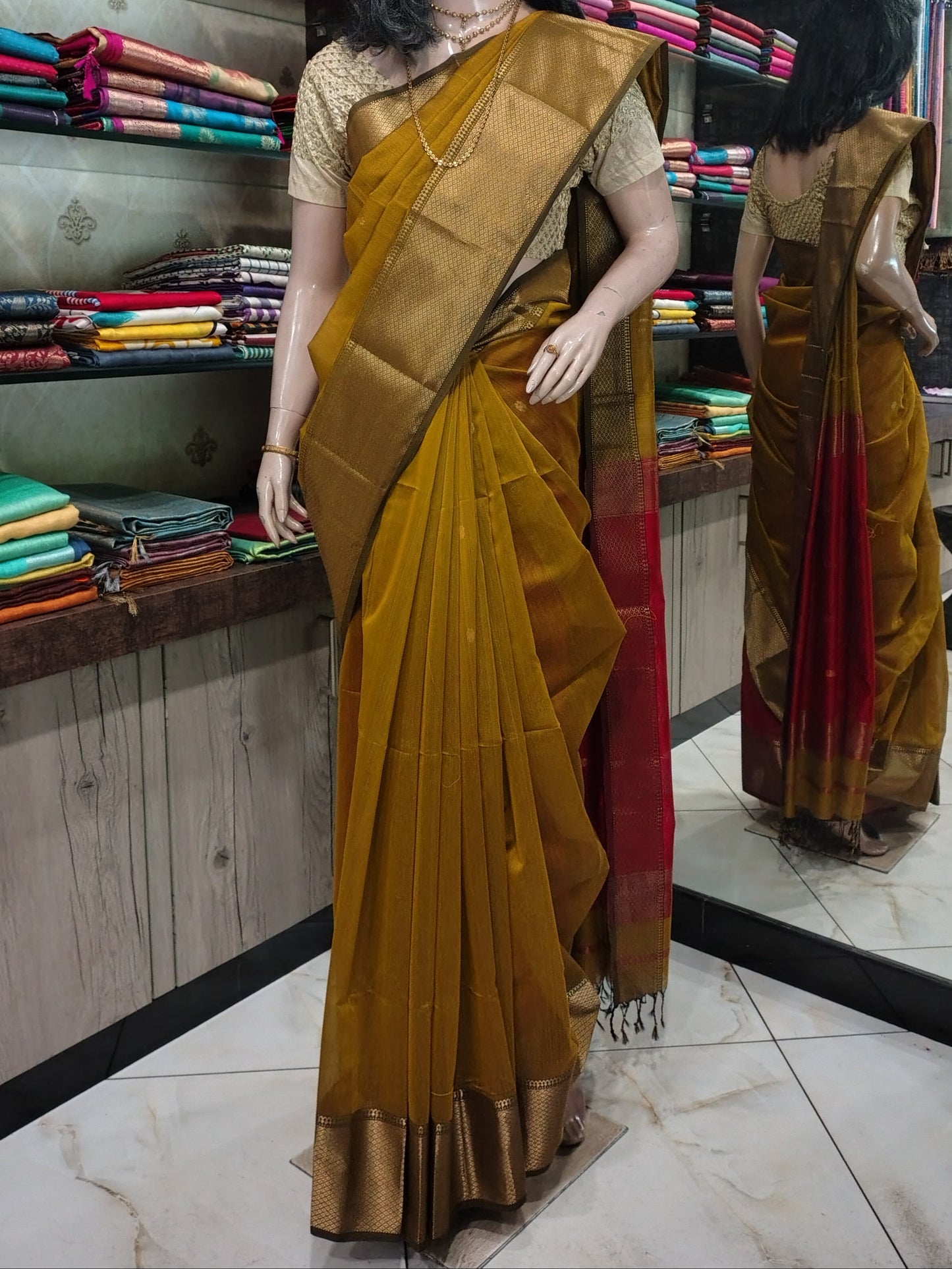 JN26A115 Yellow and Red Pure Handloom Maheshwari Silk Saree