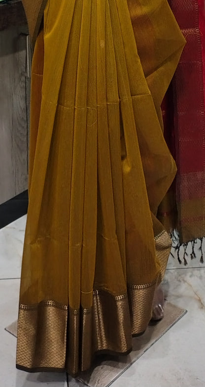 JN26A115 Yellow and Red Pure Handloom Maheshwari Silk Saree