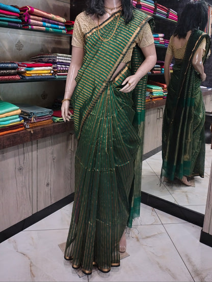JN26A117 Green and Gold Pure Handloom Maheshwari Silk Saree