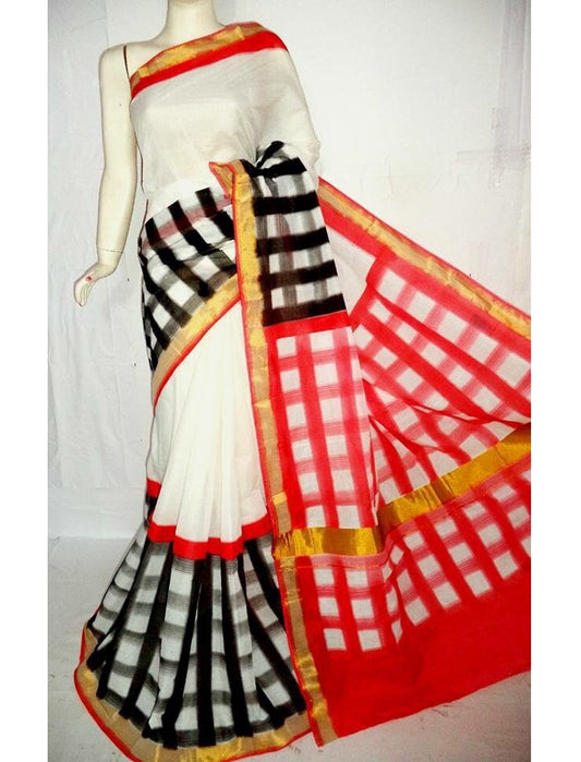 PJ-Black Red Checks Hand Block Painted Kerala Cotton Saree_KCBADI001