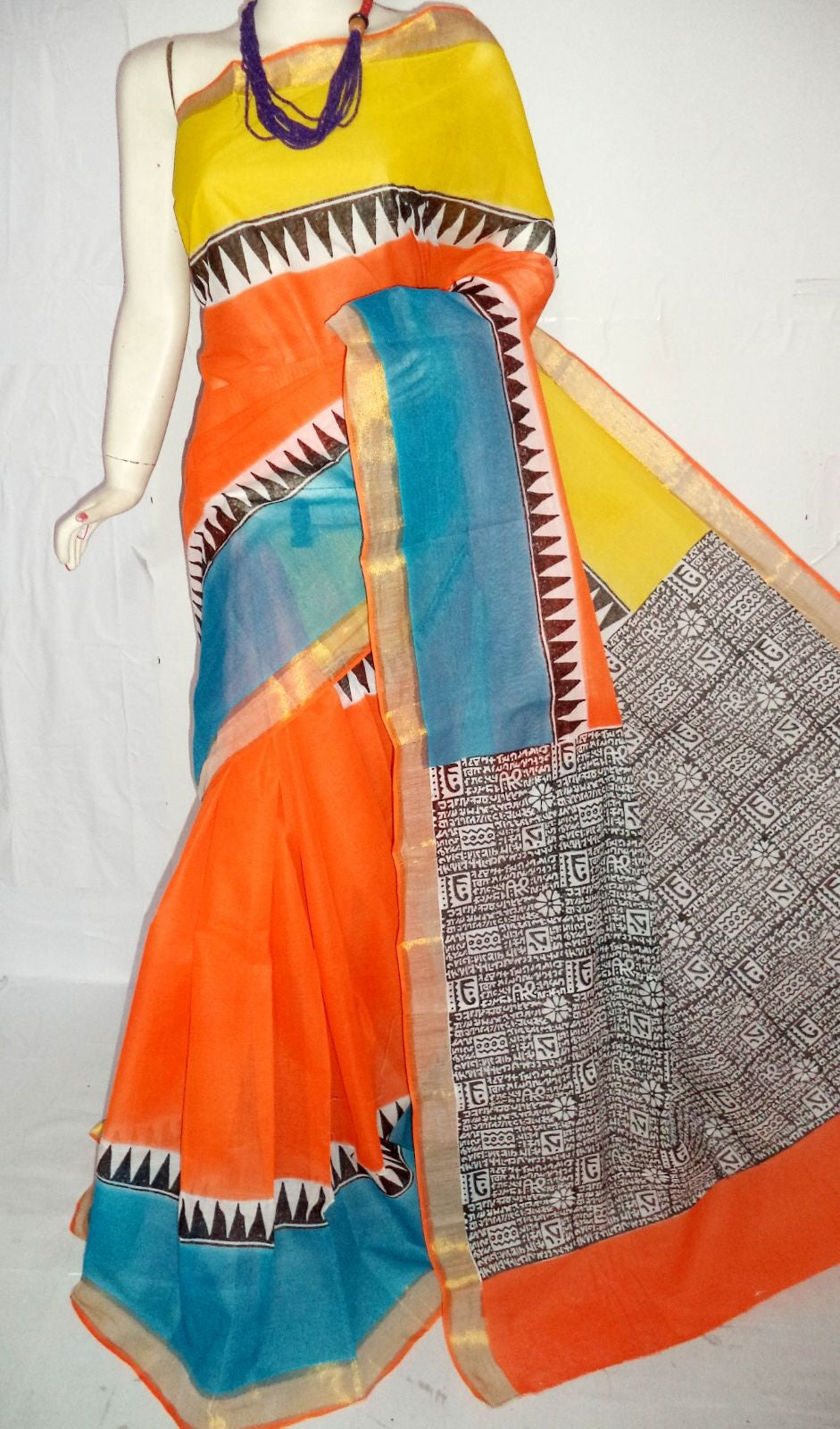 pj-orange-blue-hand-block-painted-kerala-cotton-saree-kcbadi003
