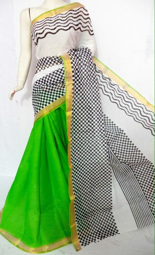 pj-green-black-hand-block-painted-kerala-cotton-saree-kcbadi004