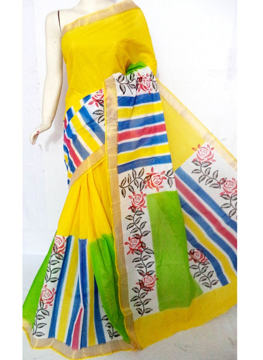 pj-yellow-green-hand-block-painted-kerala-cotton-saree-kcbadi006