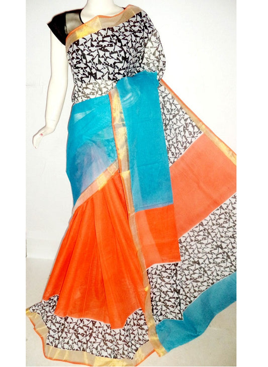 pj-orange-blue-hand-block-painted-kerala-cotton-saree-kcbadi008