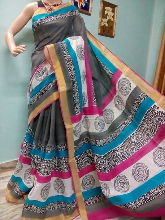 PJ-Black Hand Block Painted Kerala Cotton Saree_KCBADI010