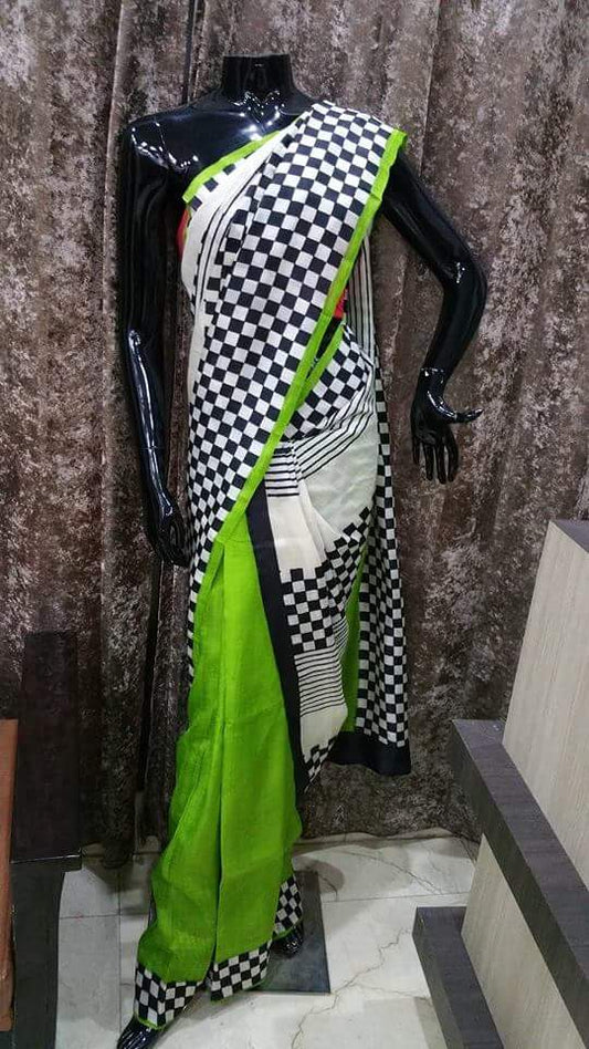 PJ-Black Green Hand Block Painted Kerala Cotton Saree_KCBADI014