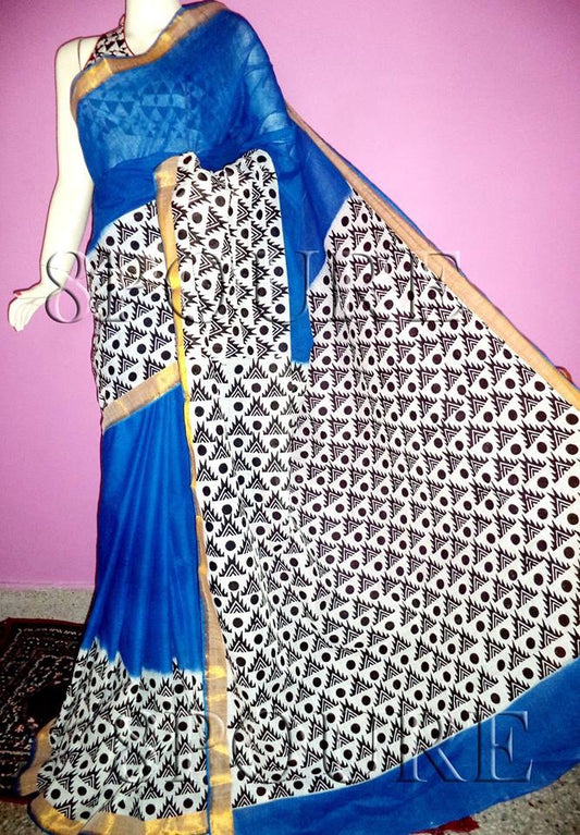 PJ-Blue Black Hand Block Painted Kerala Cotton Saree_KCBADI023