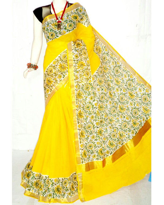 pj-yellow-black-hand-block-painted-kerala-cotton-saree-kcbadi029