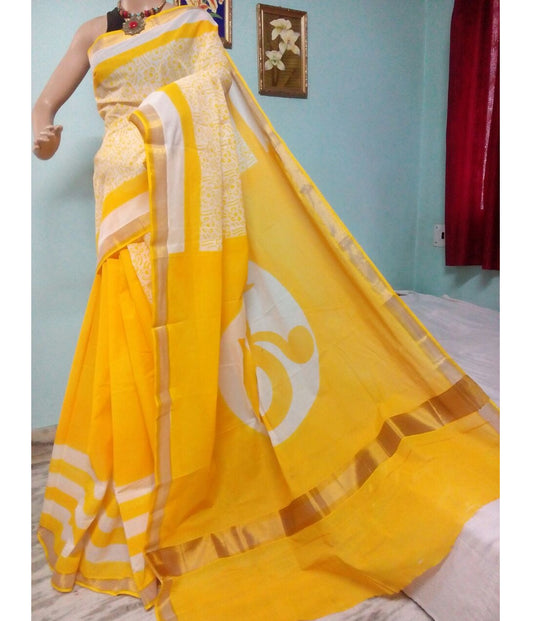 pj-Yellow-White-hand-block-painted-kerala-cotton-saree-kcbadi035