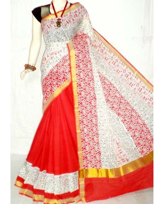 pj-red-white-hand-block-painted-kerala-cotton-saree-kcbadi037
