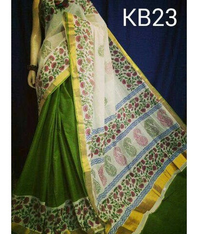 pj-mehandi-green-hand-block-painted-kerala-cotton-saree-kcbadi042