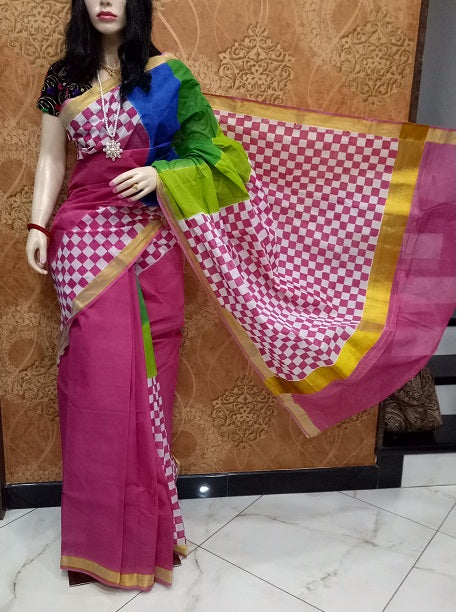 pj-pink-checks-hand-block-painted-kerala-cotton-saree-kcbadi045