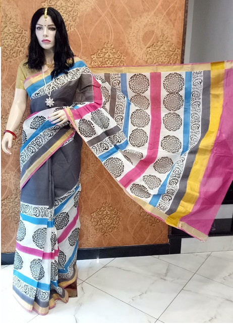 PJ-Black Pink Hand Block Painted Kerala Cotton Saree_KCBADI047