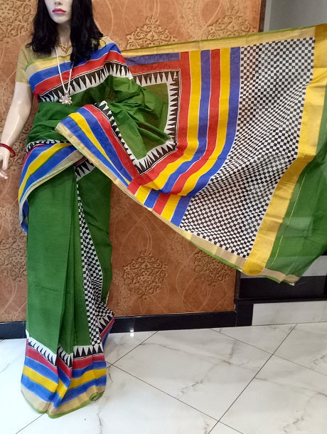 PJ-Dark Green Hand Block Painted Kerala Cotton Saree_KCBADI051