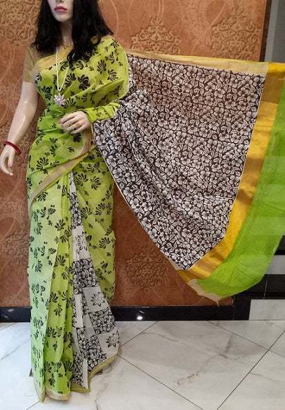 pj-parrot-green-hand-block-painted-kerala-cotton-saree-kcbadi058