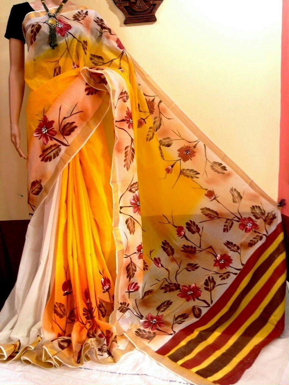 PJ-Floral Hand Painted Kerala cotton saree_KCADI027