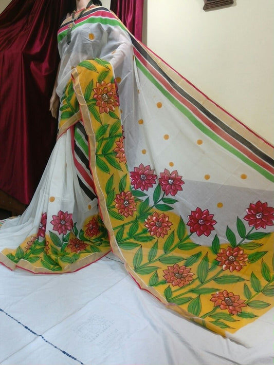PJ-Floral Hand Painted Kerala cotton saree_KCADI038