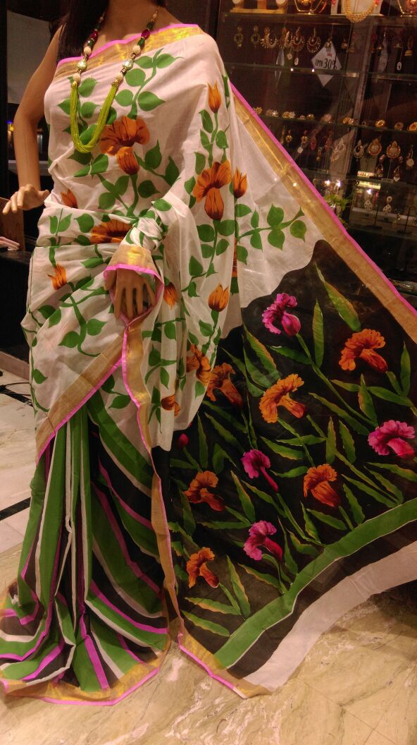 PJ-Floral Hand Painted Kerala cotton saree_KCADI047