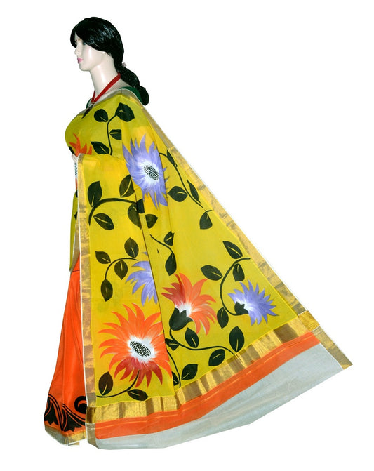 PJ-Floral Hand Painted Kerala cotton saree_KCADI060