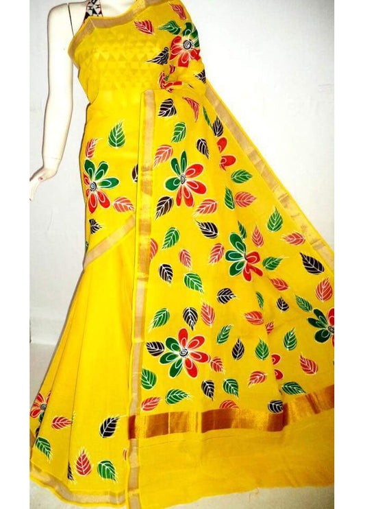 PJ-Floral Hand Painted Kerala cotton saree_KCADI061